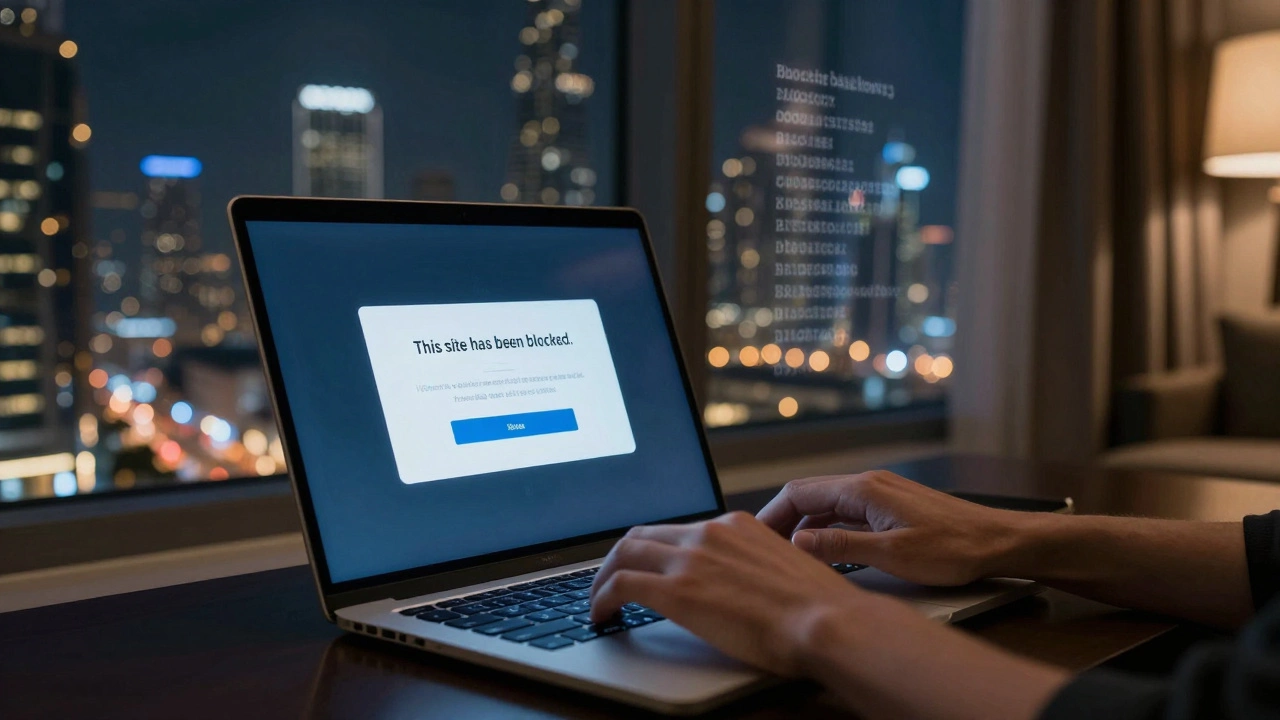 A person in a hotel room seeing a website blocking warning on their laptop screen.
