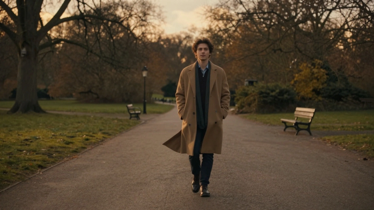 A solitary figure walking peacefully through Hyde Park at golden hour, serene and composed.