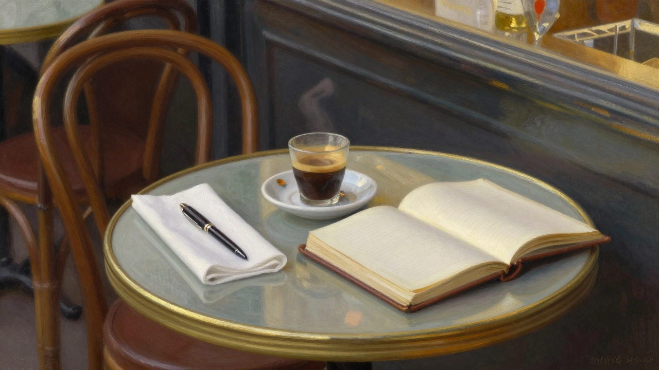 An empty bistro table in Montmartre holds only a napkin, coffee cup, and open journal — a quiet testament to a departed guest.