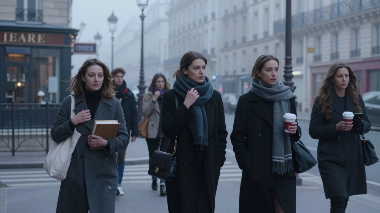 Diverse professional women walk through a misty Paris morning, each carrying signs of their multifaceted lives.