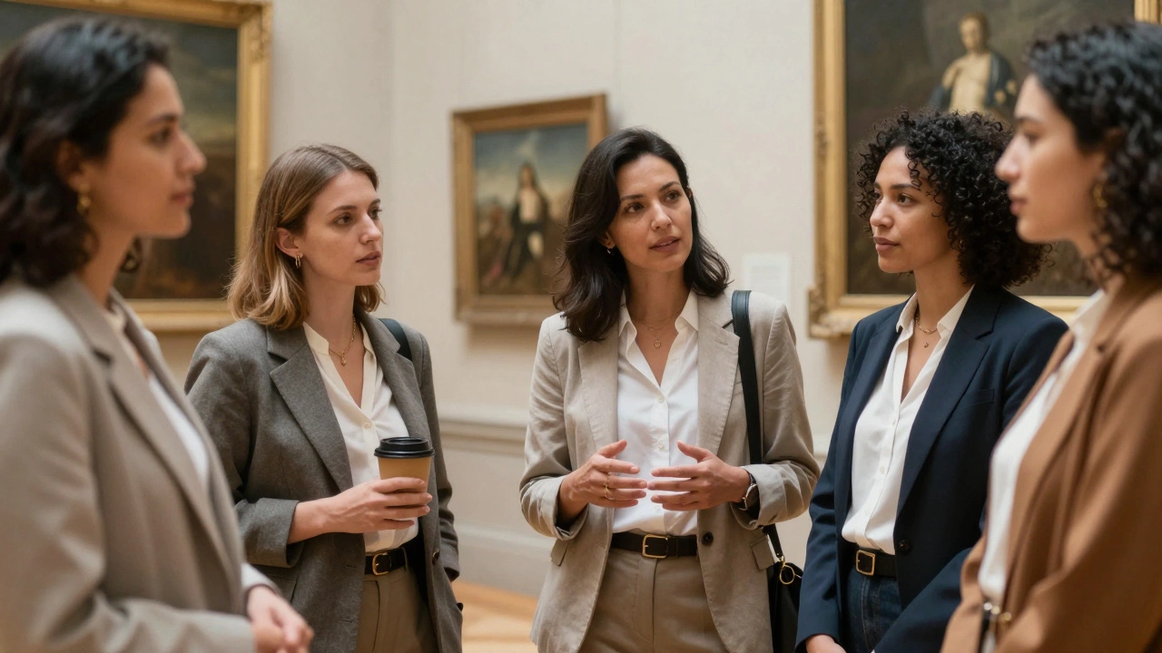 Professional women conversing calmly in the National Gallery, surrounded by blurred masterpieces.