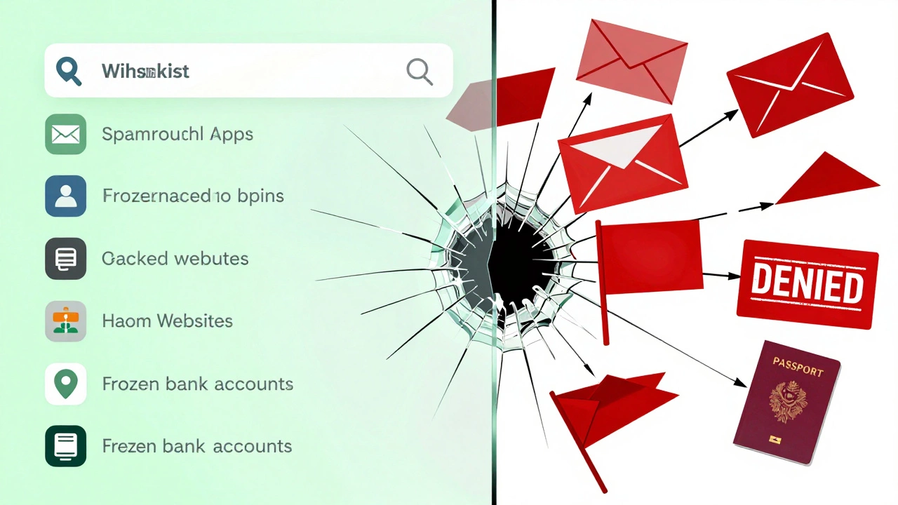 Split image showing trusted services on one side and blacklisted threats on the other.